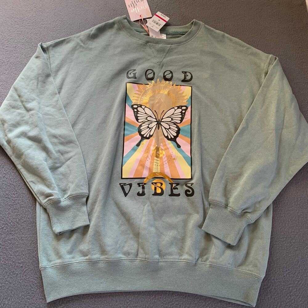 NWT Belle Du Jour Crewneck Sweatshirt Good Vibes Medium Sage Green